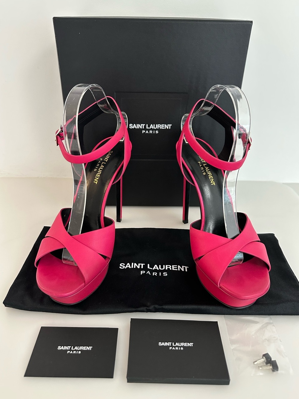 AUTHENTIC SAINT LAURENT Paris Hot Pink Fuchsia Platform High Heel Sandals